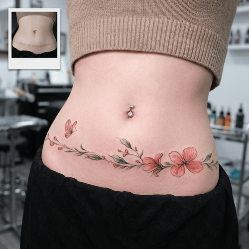 hình xăm che sẹo ở bụng cho nữ
