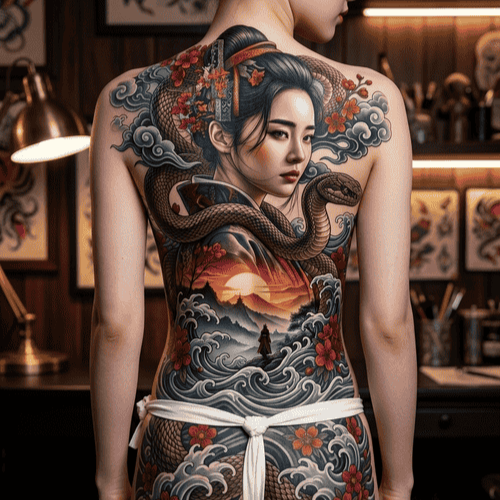 hinh_xam_geisha_va_ran