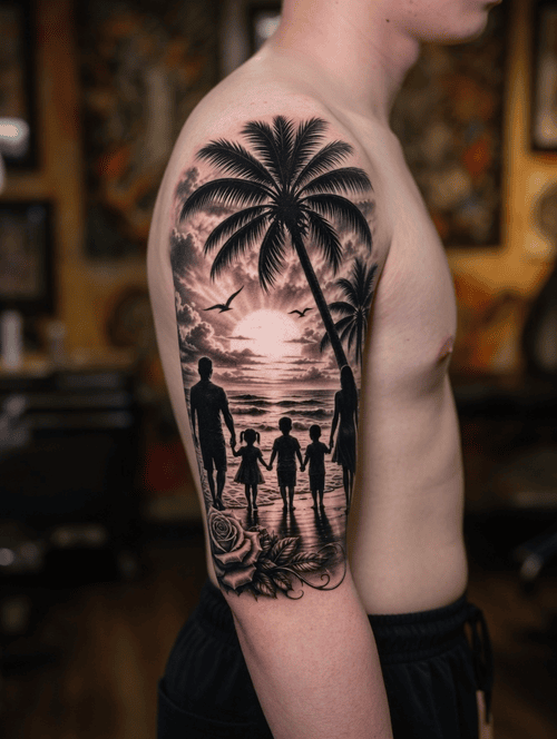 hình xăm gia đình 5 người silhouette line art