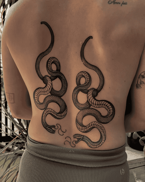 Xăm hình đôi rắn lưng, symmetrical back tattoo, xăm lưng đẹp, đen xám lớn: Hai rắn đối xứng ôm lưng như một tấm họa tiết sống động, mạnh mẽ mà cân bằng.