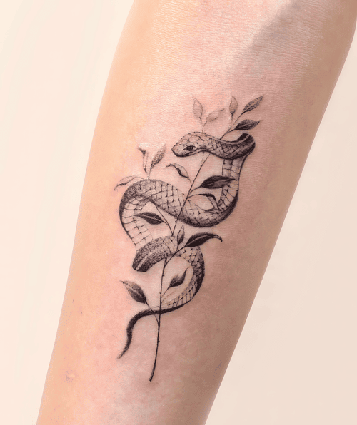 Xăm hình rắn ôm cành lá, fine line tattoo, dotwork đẹp, hình xăm đen xám, tattoo tối giản: Chú rắn quấn quanh nhành lá mảnh, nét mịn như bút chì, nhẹ nhàng mà cuốn hút.