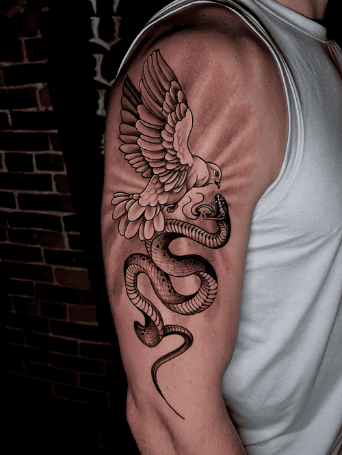 Xăm hình chim bắt rắn, symbolic tattoo đẹp, xăm bắp tay nam, chiến thắng tattoo: Chim sà xuống khống chế rắn, bố cục dứt khoát, khí chất anh hùng.