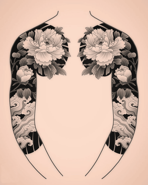 Hình Xăm Hoa Mẫu Đơn Full Tay Đen Trắng - Nghệ thuật tương phản đầy ấn tượng.