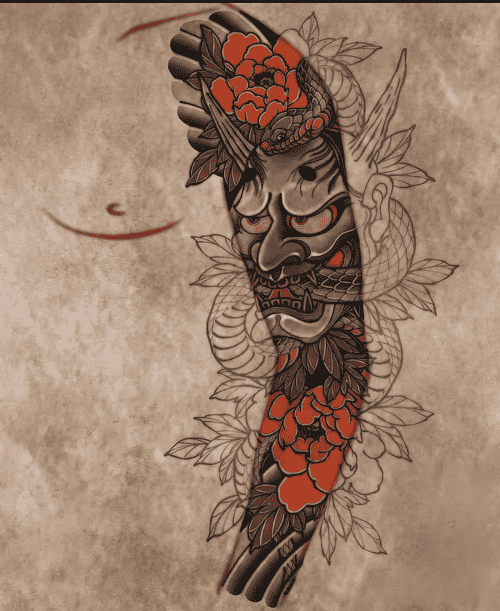 Hình Xăm Mặt Quỷ Hoa Mẫu Đơn Full Tay - Sự kết hợp độc đáo giữa sức mạnh và vẻ đẹp.