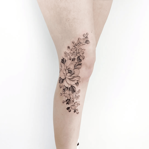 Hình Xăm Hoa Mẫu Đơn Ở Đầu Gối - Vị trí độc đáo và thu hút ánh nhìn.