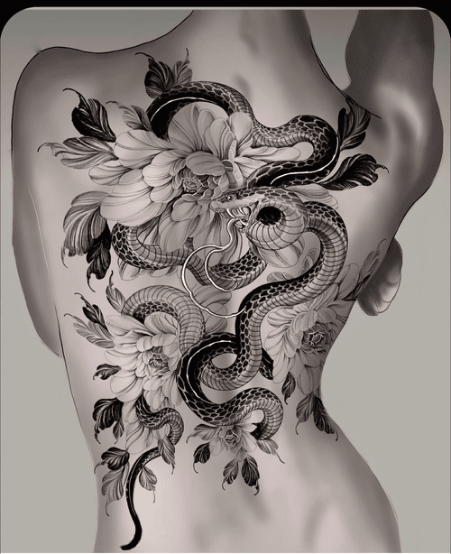 Hình Xăm Rắn Hoa Mẫu Đơn Full Lưng - Tác phẩm nghệ thuật hoành tráng.