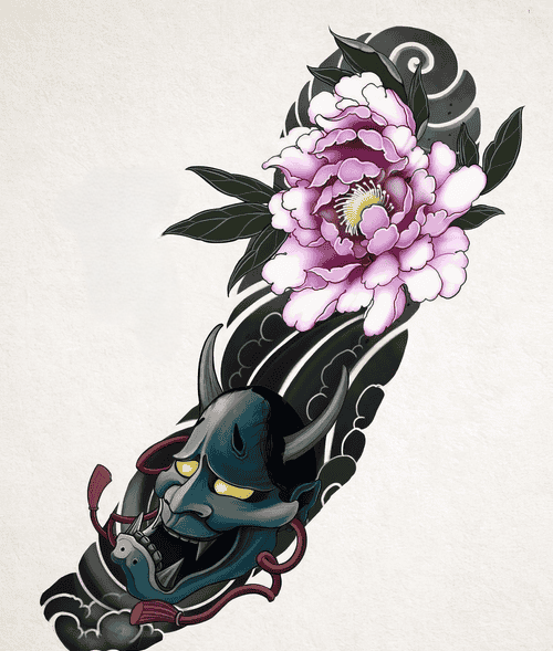 Hình Xăm Mặt Quỷ Hoa Mẫu Đơn - Tương phản giữa đẹp và xấu, thiện và ác.