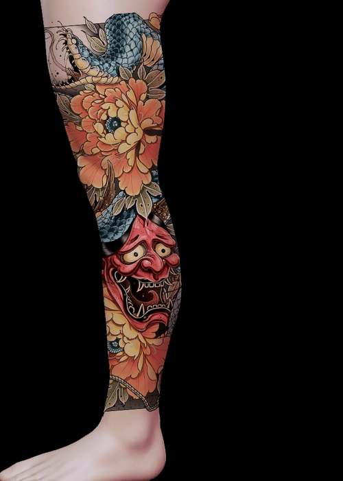 Hình Xăm Mặt Quỷ Hoa Mẫu Đơn Full Chân - Sự kết hợp táo bạo và độc đáo.