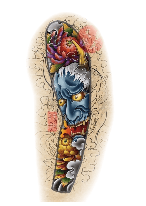 Hình Xăm Mặt Quỷ Hoa Mẫu Đơn Full Tay - Nghệ thuật độc đáo và ấn tượng.