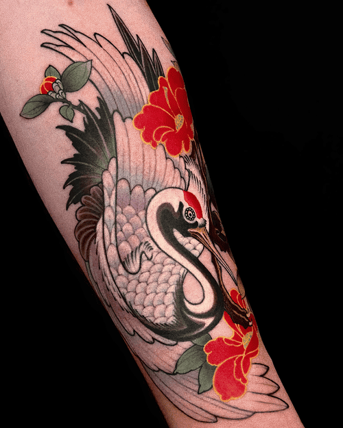 Hình Xăm Hạc Và Hoa Mẫu Đơn - Trường thọ và vẻ đẹp trường tồn.