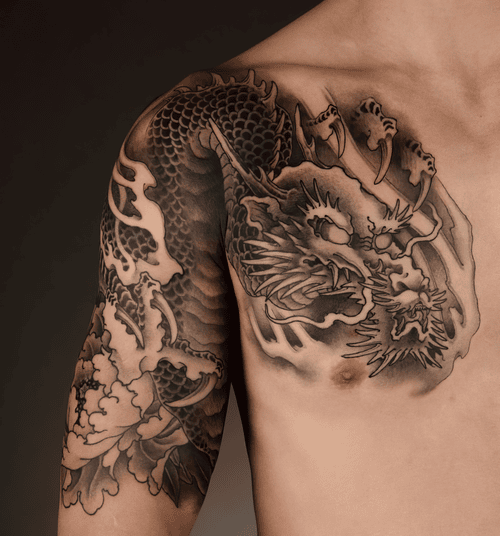 Hình Xăm Rồng Hoa Mẫu Đơn - Sức mạnh và thịnh vượng.