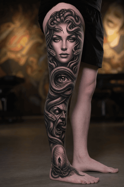 hình xăm medusa full chân chất