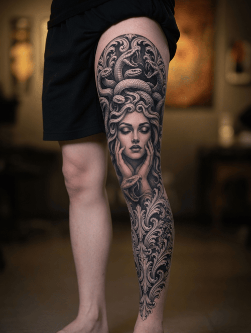 hình xăm medusa full chân đẹp