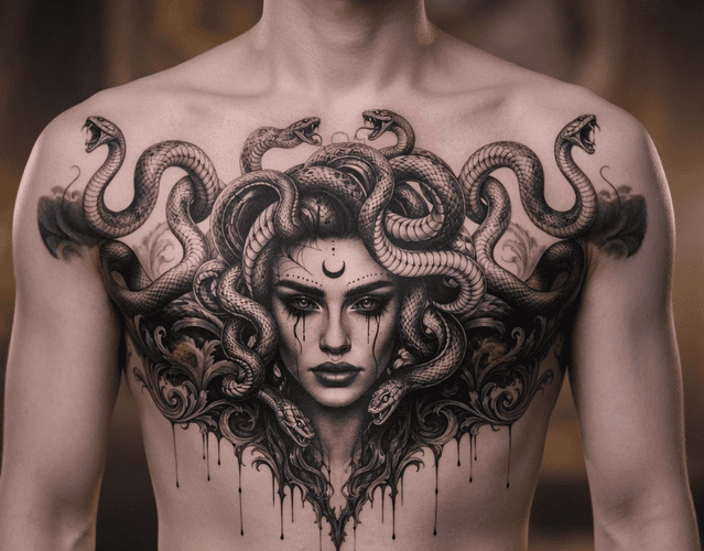 hình xăm medusa full hai bên ngực cho nam