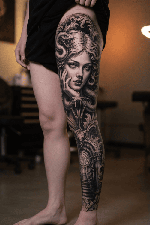 hình xăm medusa lâu đài full chân