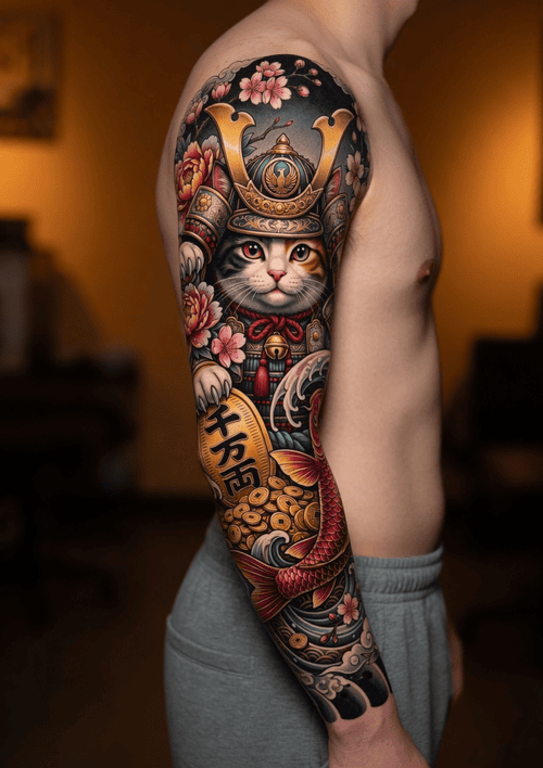 Hình xăm mèo thần tài samurai độc lạ