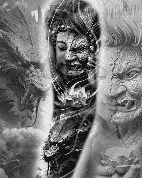 Hình xăm phật cưỡi rồng: Tượng trưng cho trí tuệ làm chủ sức mạnh, vượt qua mọi chướng ngại.