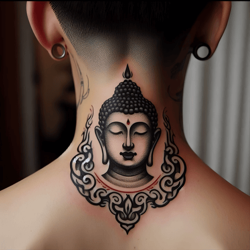 Hình xăm phật ở cổ: Biểu thị cho sự kết nối giữa tâm trí và thể xác, lời nói chánh niệm.