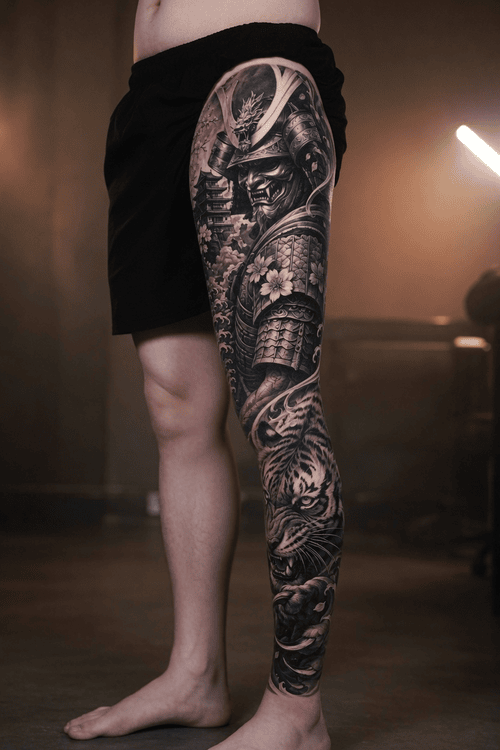 hình xăm samurai full chân đùi bắp chân