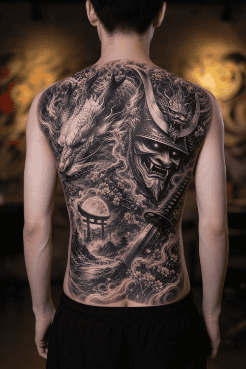 hình xăm samurai mặt quỷ full lưng oni hannya