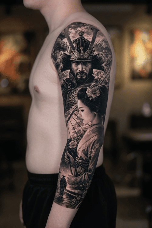 hình xăm samurai nhật cổ lưng tay kết hợp