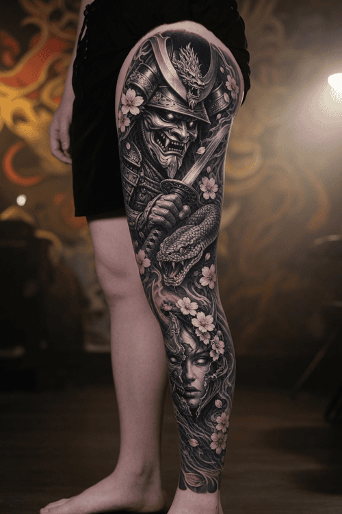 mẫu hình xăm full chân nhật cổ samurai đẹp