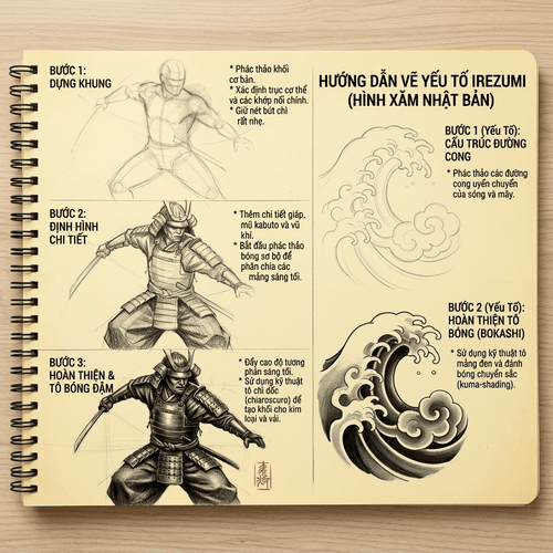 vẽ hình xăm nhật cổ samurai phác thảo thiết kế