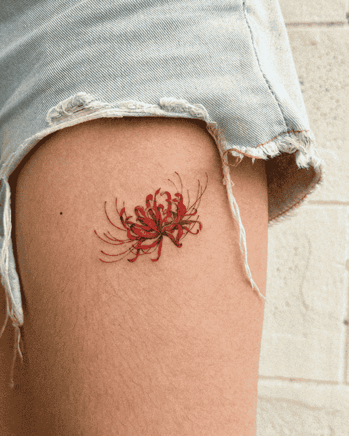 Xăm hình hoa bỉ ngạn ở đùi cho nữ mini - Biểu tượng của tình yêu vượt thời gian, duyên phận và nỗi nhớ.