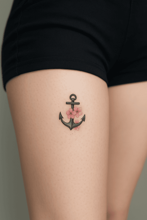 Xăm hình mỏ neo ở đùi cho nữ mini - Đại diện cho sự ổn định, sức mạnh và niềm tin.