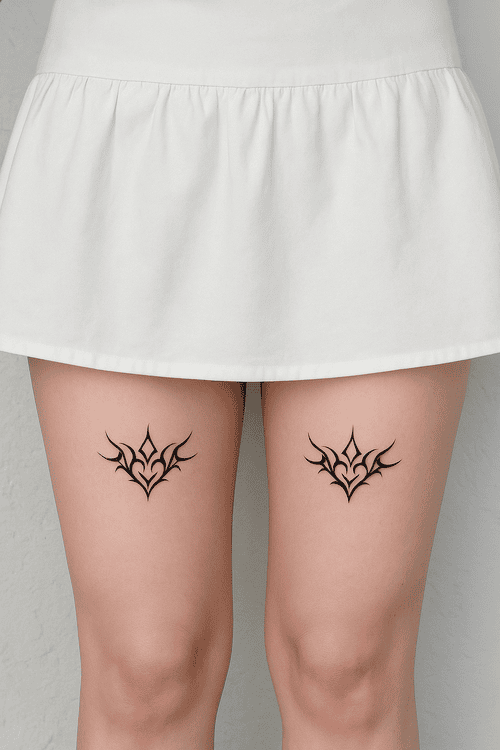 Xăm hình hoa văn đối xứng ở đùi cho nữ mini - Tượng trưng cho sự cân bằng, tâm linh và hài hòa.