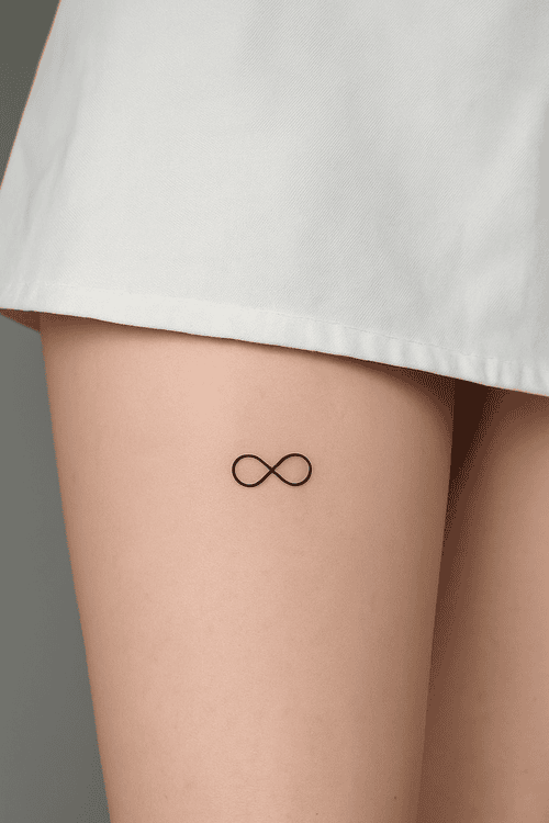 Xăm hình vô cực ở đùi cho nữ mini - Đại diện cho tình yêu vĩnh hằng, không giới hạn và sự tuần hoàn.