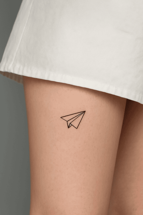 Xăm hình máy bay giấy ở đùi cho nữ mini - Tượng trưng cho tự do, tuổi thơ và những ước mơ bay xa.