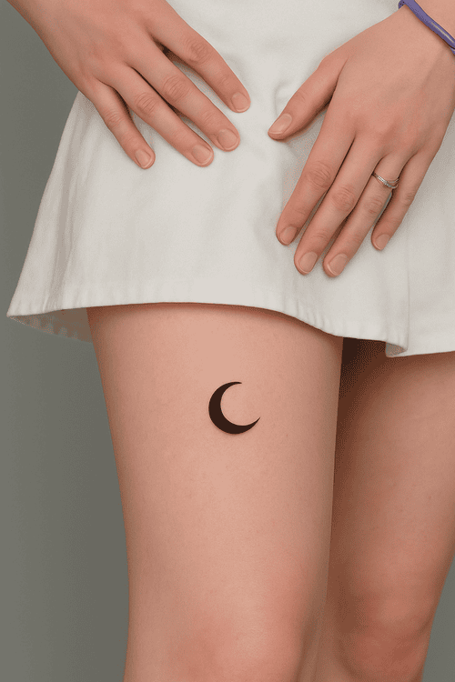 Xăm hình trăng khuyết ở đùi cho nữ mini - Biểu tượng của sự thay đổi, tái sinh và nữ tính.