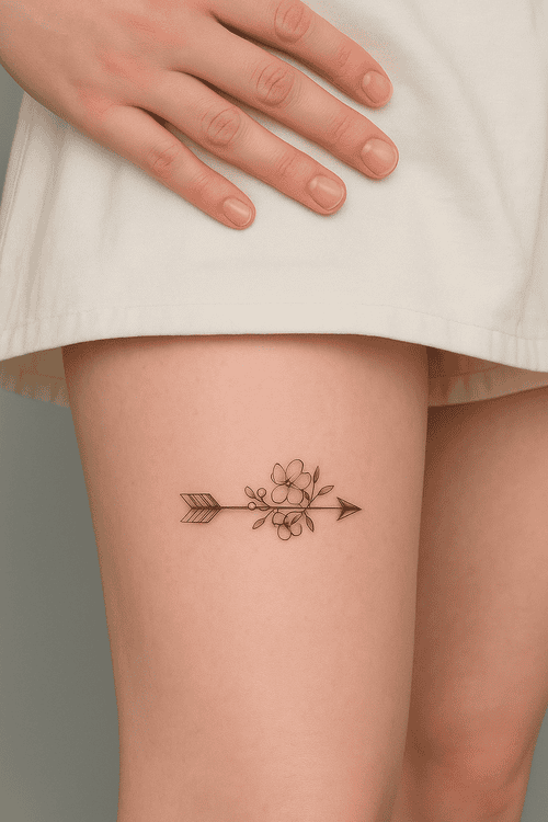 Xăm hình mũi tên nhỏ ở đùi cho nữ mini - Đại diện cho mục tiêu, quyết tâm và sự tiến về phía trước.