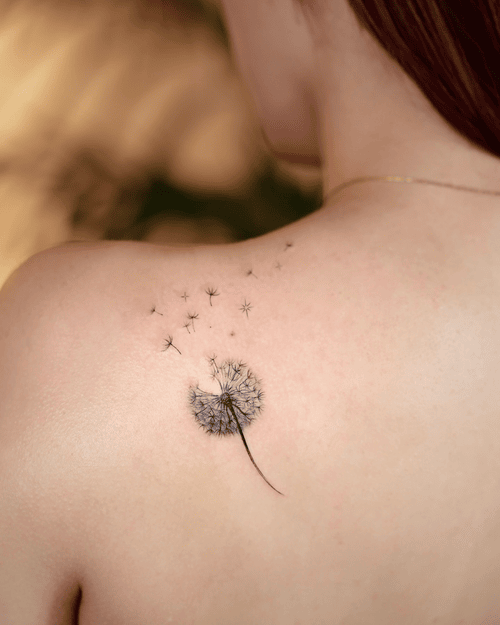 Xăm hình mini cho nữ ở vai sau hoa bồ công anh - Biểu tượng của ước mơ và hy vọng, mang theo thông điệp về sự kiên cường và khả năng vượt qua nghịch cảnh.